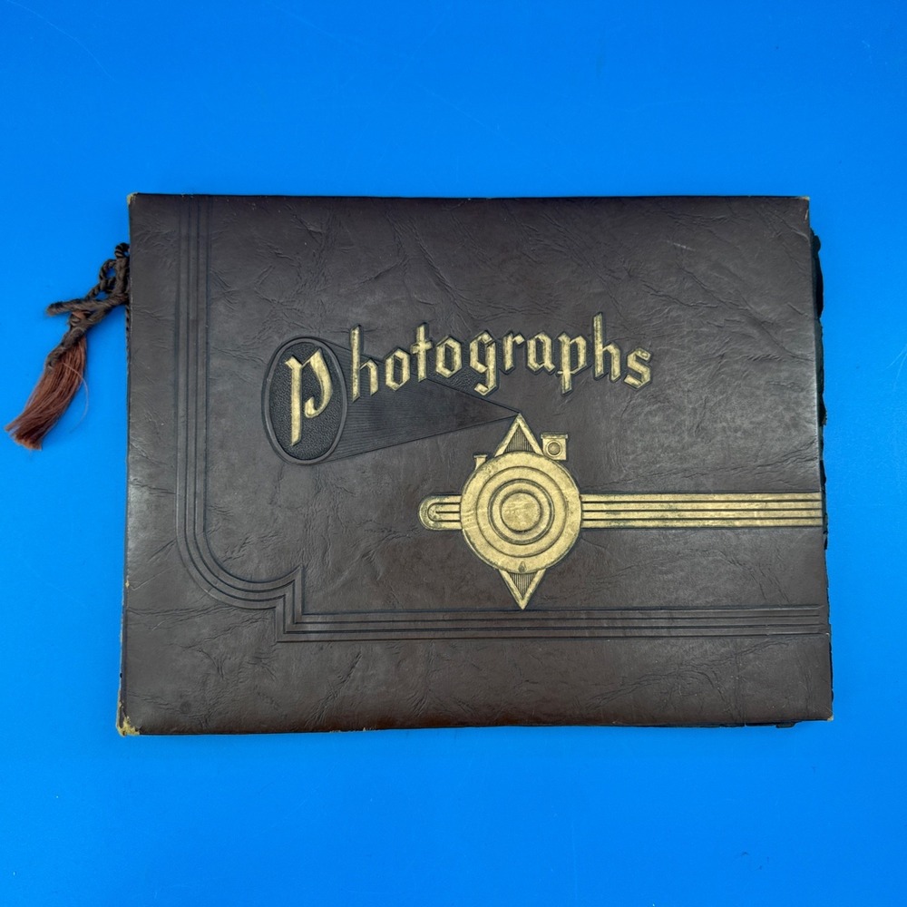 Vtg 1930s Art Deco Photo Album Black Gold Embossed Photographs Scrapbook Durand